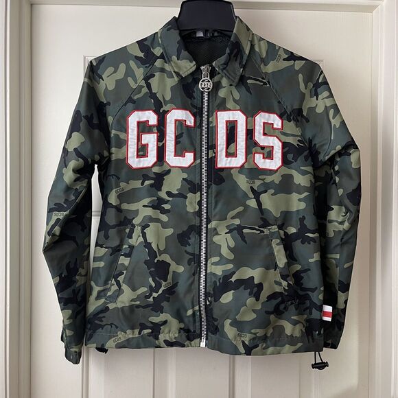 GCDS Camouflage Print Jacket Boys 12 Green Spell Out Full Zip Made In Italy - Picture 5 of 14